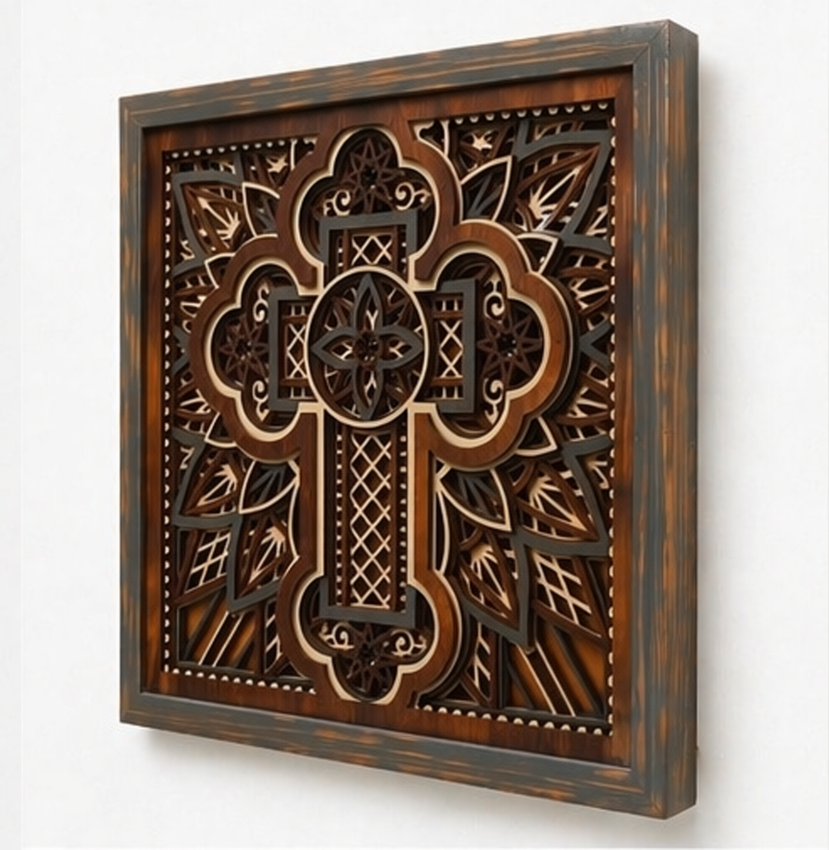 Cross of Reverence Layered Wooden Cross Wall Art | Christian Home Décor | Mahogany & Grey