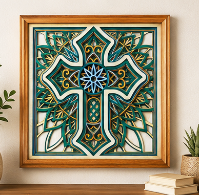 Sanctuary Light Layered Wooden Cross Wall Art | Handcrafted Christian Home Décor | Sage Green & Silver