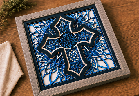 Sanctuary Light Layered Wooden Cross Wall Art | Handcrafted Christian Home Décor | Shades of Blue