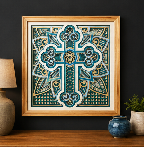 Cathedral Layered Wooden Cross Wall Art – Framed Christian Home Decor | Sage Green & Silver