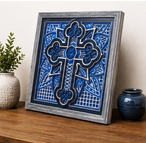 Cathedral Layered Wooden Cross Wall Art – Framed Christian Home Decor | Shades of Blue