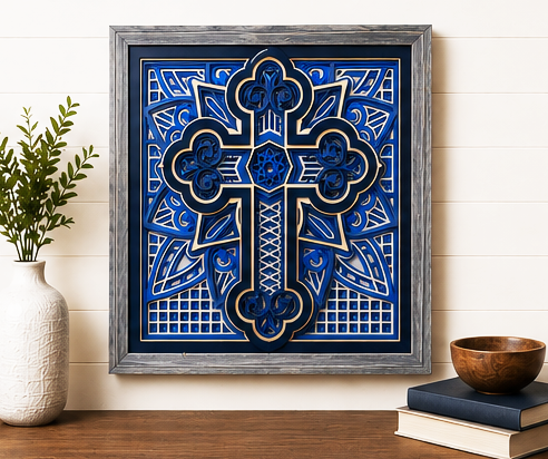 Cathedral Layered Wooden Cross Wall Art – Framed Christian Home Decor | Shades of Blue