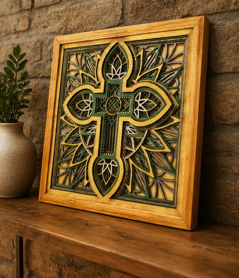 Verdant Grace™ Layered Wooden Wall Art | Framed Christian Home Decor | Sage Green & Silver