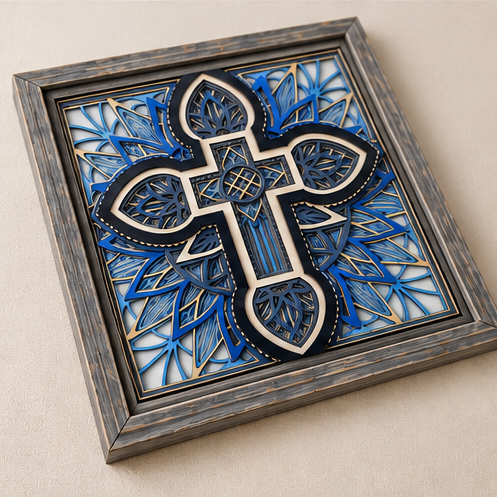 Verdant Grace™ Layered Wooden Wall Art | Framed Christian Home Decor | Shades of Blue