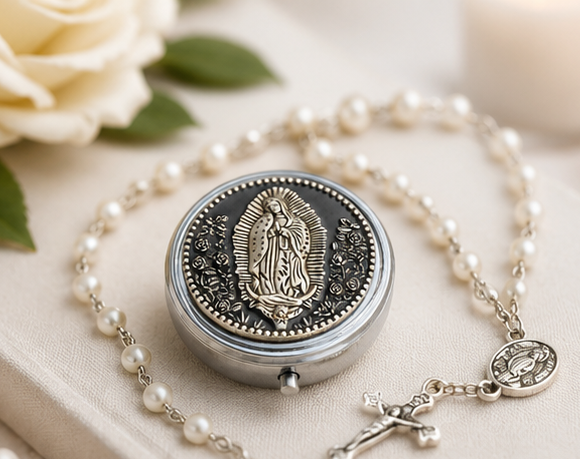 Our Lady of Guadalupe Rosary Keepsake Case with Pearl Rosary | Catholic Prayer & Gift Set