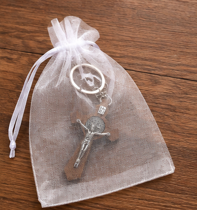 Saint Benedict Wooden Crucifix Keychain | Catholic Cross Key Ring & Faith Gift