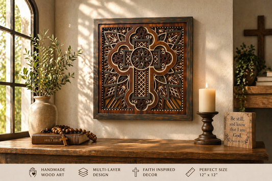 Cross of Reverence Layered Wooden Cross Wall Art | Christian Home Décor | Mahogany & Grey
