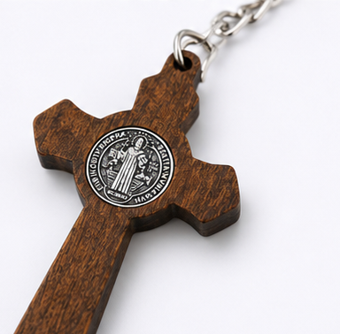 Saint Benedict Wooden Crucifix Keychain | Catholic Cross Key Ring & Faith Gift