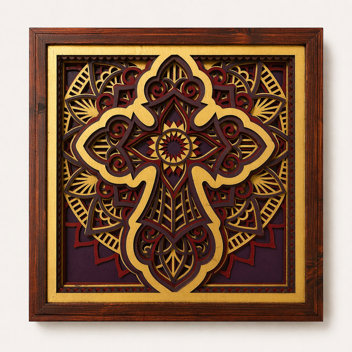 Rooted of Faith | Layered Wooden Cross Wall Art | Handcrafted Christian Home Décor | Purple Red & Gold