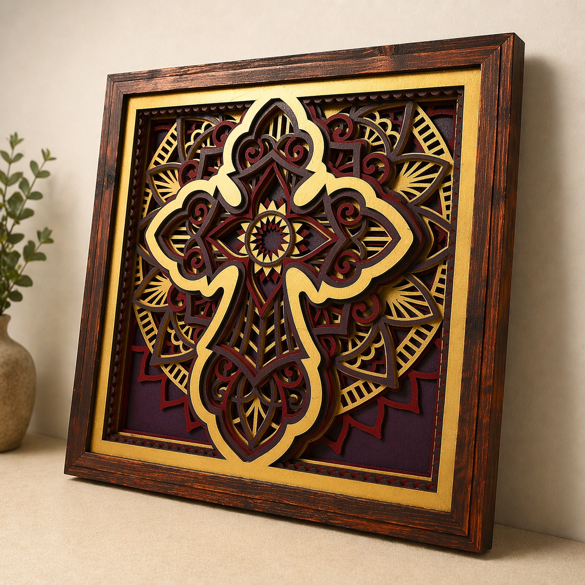 Rooted of Faith | Layered Wooden Cross Wall Art | Handcrafted Christian Home Décor | Purple Red & Gold