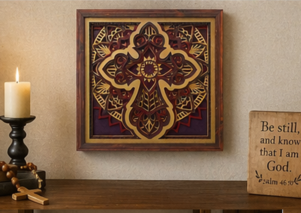 Rooted of Faith | Layered Wooden Cross Wall Art | Handcrafted Christian Home Décor | Purple Red & Gold