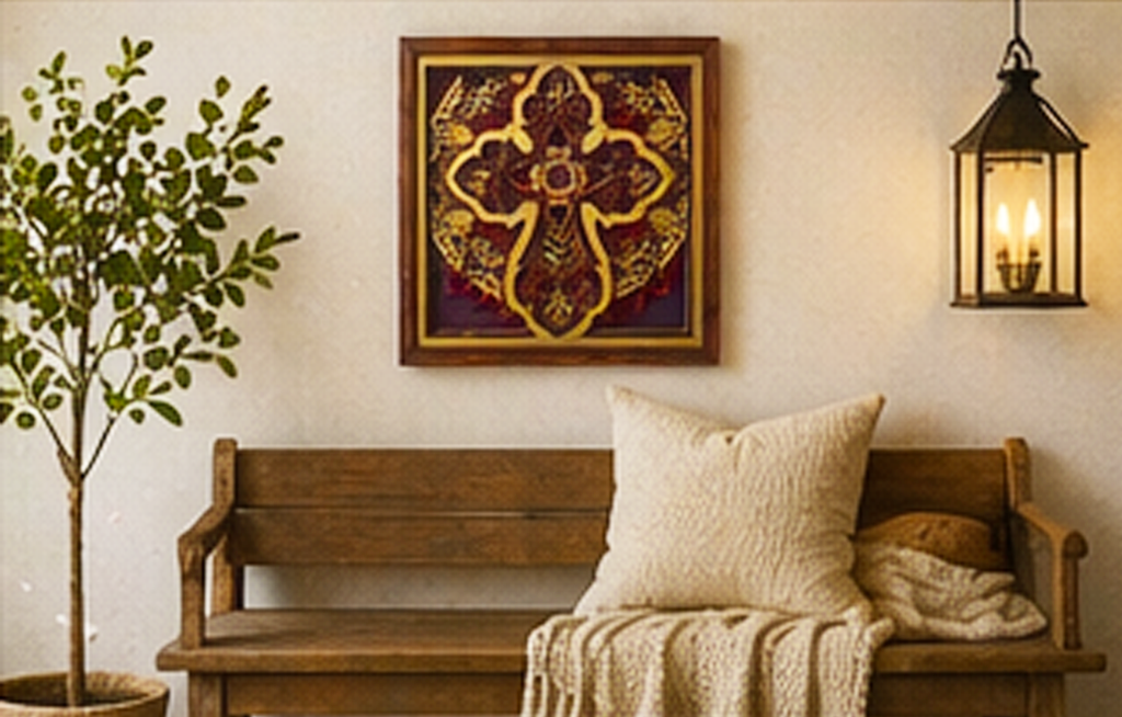 Rooted of Faith | Layered Wooden Cross Wall Art | Handcrafted Christian Home Décor | Purple Red & Gold