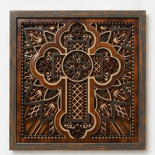 Cross of Reverence Layered Wooden Cross Wall Art | Christian Home Décor | Mahogany & Grey
