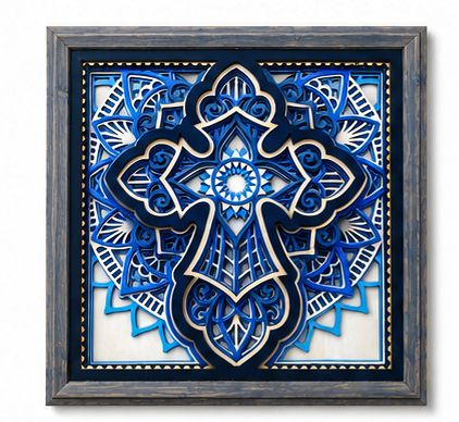 Rooted in Faith | Layered Wooden Cross Wall Art | Handcrafted Christian Home Décor | Shades of Blue