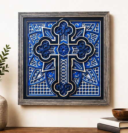 Cathedral Layered Wooden Cross Wall Art – Framed Christian Home Decor | Shades of Blue