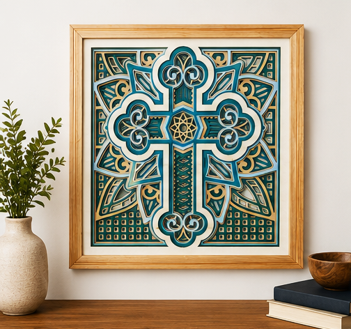 Cathedral Layered Wooden Cross Wall Art – Framed Christian Home Decor | Sage Green & Silver
