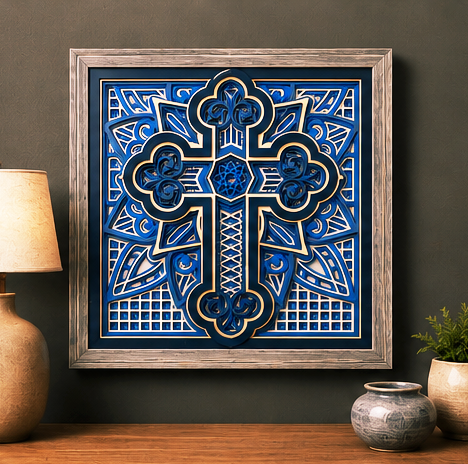 Cathedral Layered Wooden Cross Wall Art – Framed Christian Home Decor | Shades of Blue