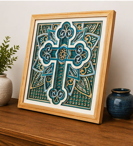 Cathedral Layered Wooden Cross Wall Art – Framed Christian Home Decor | Sage Green & Silver