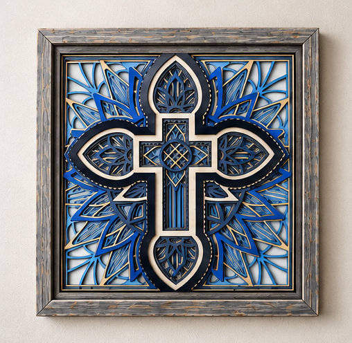 Verdant Grace™ Layered Wooden Wall Art | Framed Christian Home Decor | Shades of Blue