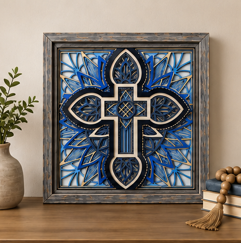 Verdant Grace™ Layered Wooden Wall Art | Framed Christian Home Decor | Shades of Blue