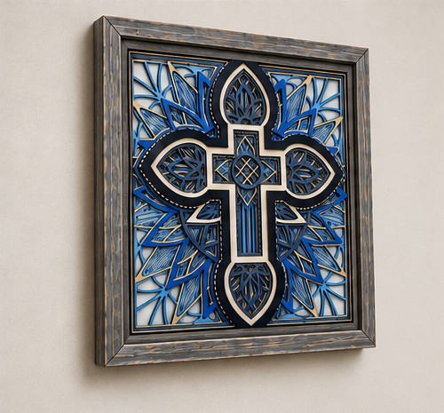 Verdant Grace™ Layered Wooden Wall Art | Framed Christian Home Decor | Shades of Blue