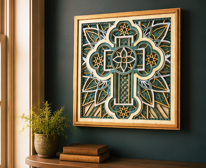 Cross of Reverence Layered Wooden Cross Wall Art | Christian Home Décor | Sage Green & Silver