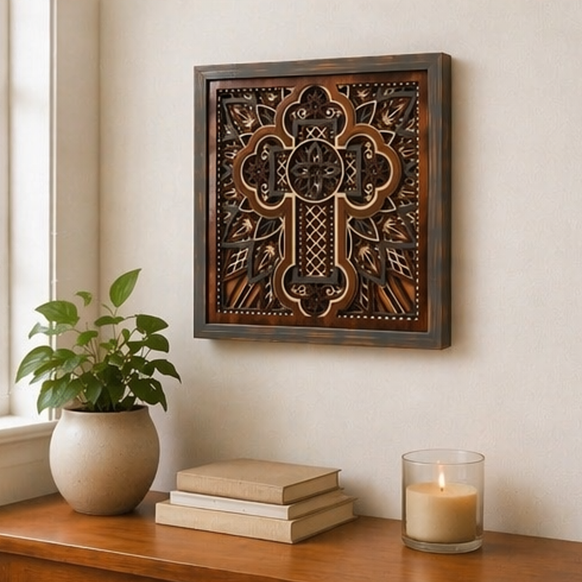 Cross of Reverence Layered Wooden Cross Wall Art | Christian Home Décor | Mahogany & Grey