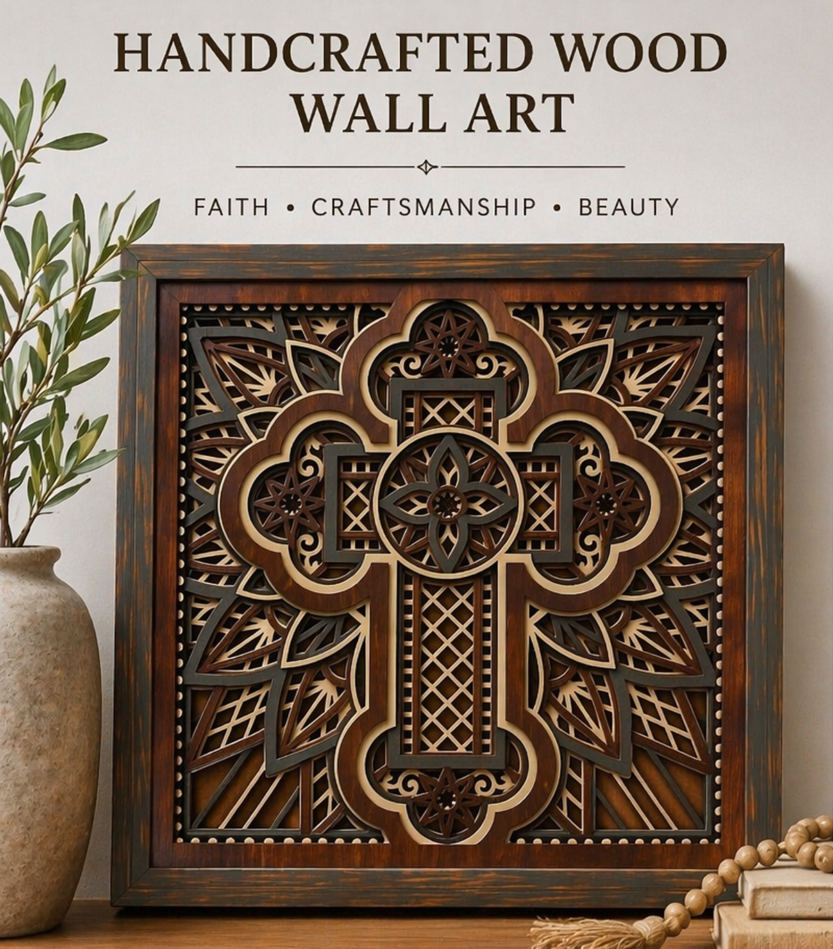 Cross of Reverence Layered Wooden Cross Wall Art | Christian Home Décor | Mahogany & Grey