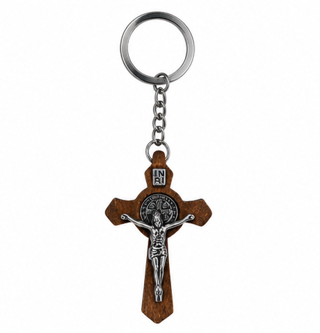 Saint Benedict Wooden Crucifix Keychain | Catholic Cross Key Ring & Faith Gift