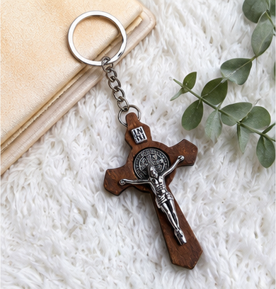 Saint Benedict Wooden Crucifix Keychain | Catholic Cross Key Ring & Faith Gift