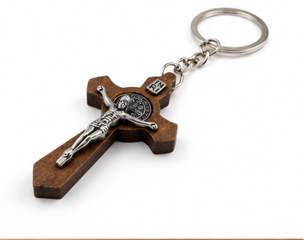 Saint Benedict Wooden Crucifix Keychain | Catholic Cross Key Ring & Faith Gift