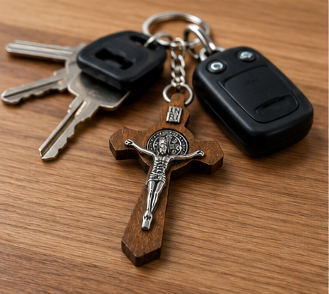 Saint Benedict Wooden Crucifix Keychain | Catholic Cross Key Ring & Faith Gift