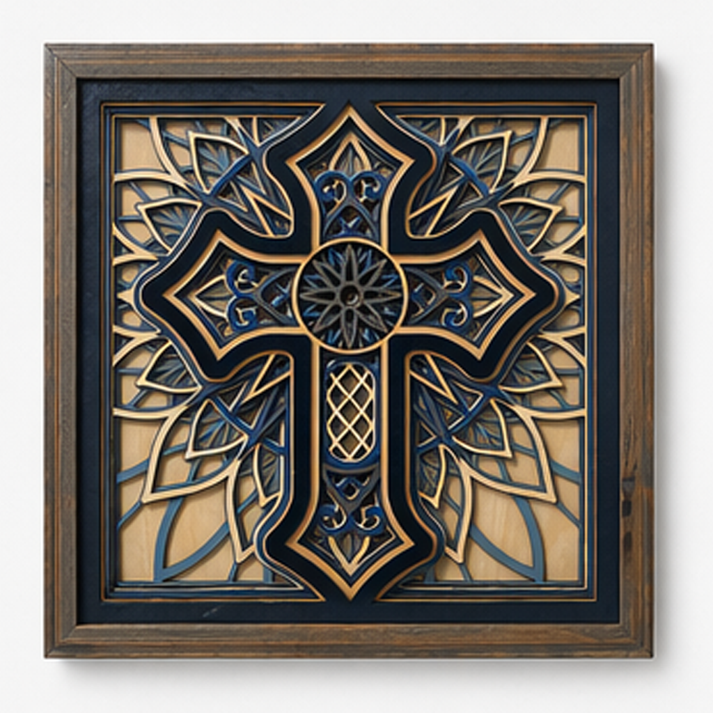 Sanctuary Light Layered Wooden Cross Wall Art | Handcrafted Christian Home Décor | Shades of Blue