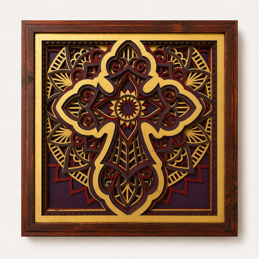Rooted of Faith | Layered Wooden Cross Wall Art | Handcrafted Christian Home Décor | Purple Red & Gold