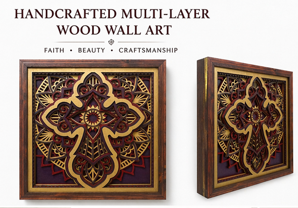Rooted of Faith | Layered Wooden Cross Wall Art | Handcrafted Christian Home Décor | Purple Red & Gold